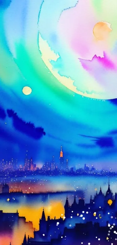 Colorful cityscape under a vibrant moonlit night sky in watercolor style.