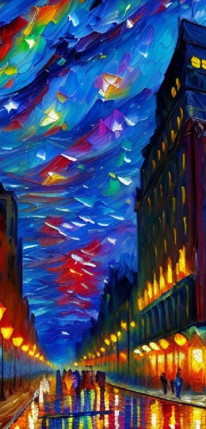 Vibrant abstract night cityscape with colorful lights and buildings.