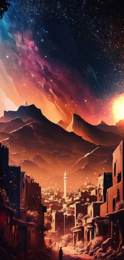 Vibrant cityscape wallpaper with a starry sky and cosmic elements.