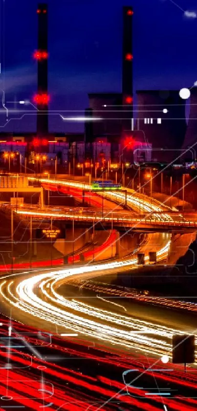 Night cityscape with vivid light trails and industrial skyline.