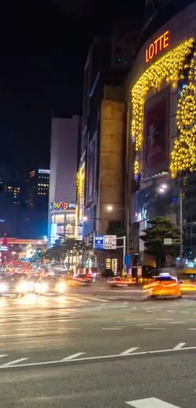 Vibrant city at night with illuminated buildings and lively streets.