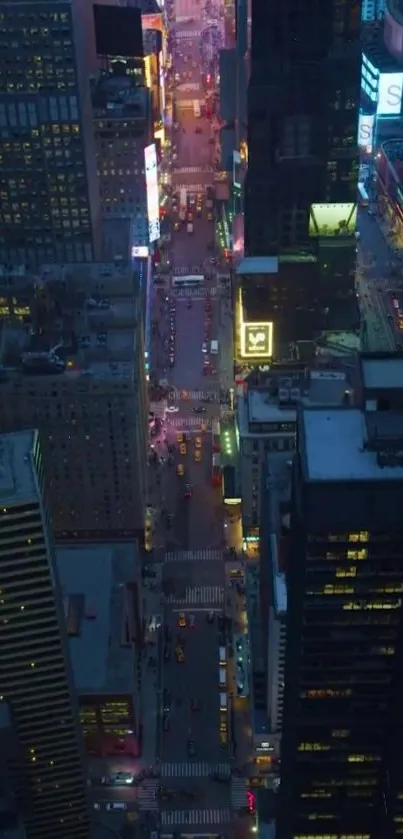 Aerial urban night scene with vibrant city lights and towering skyscrapers.