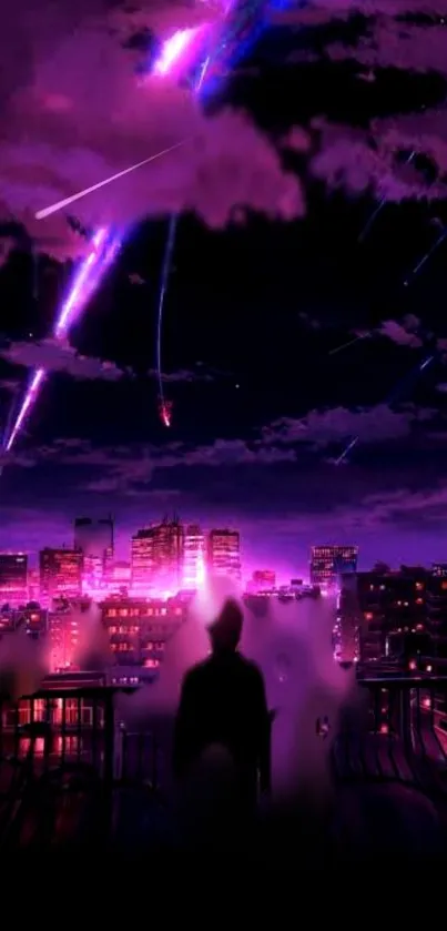 Silhouette against a vibrant purple cityscape under shooting stars.