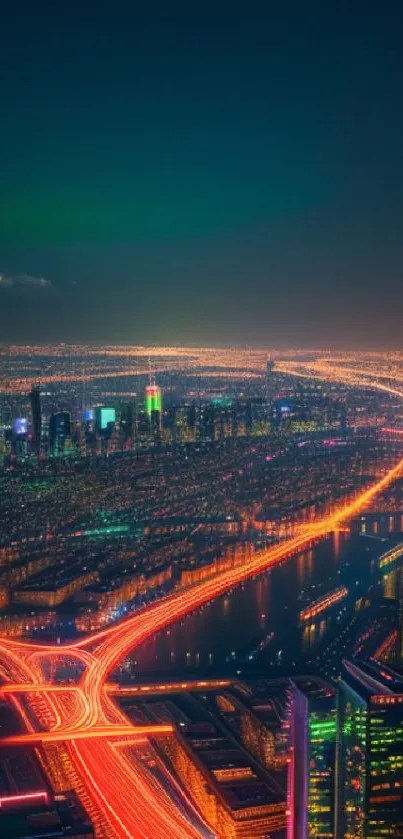 A vibrant cityscape at night with glowing neon lights and dark sky.