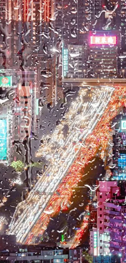 Bright cityscape with vibrant neon lights and bustling night traffic.