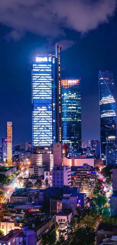 Night view of a city skyline with illuminated skyscrapers and vibrant colors.