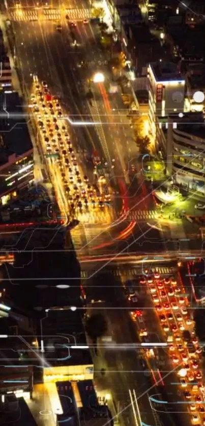 Aerial cityscape view with vibrant night lights.