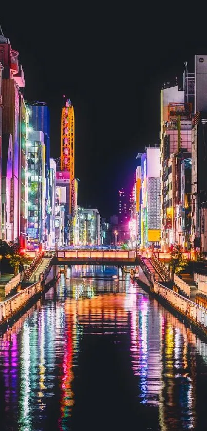 Night cityscape with neon reflections on a calm river, creating a vibrant urban scene.