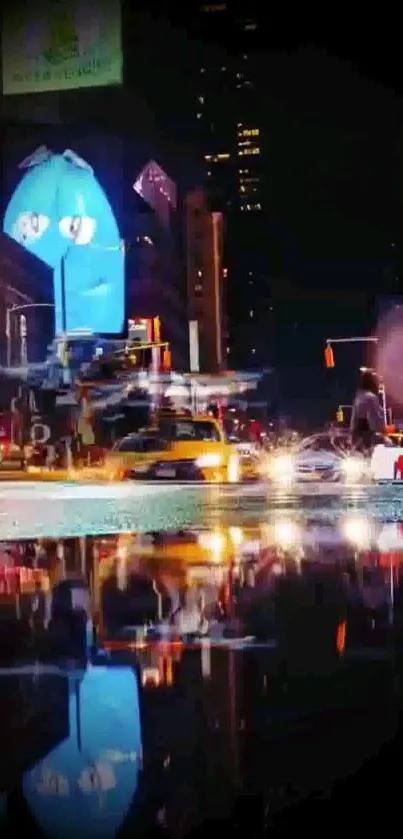 Vibrant city lights reflecting on wet streets at night.