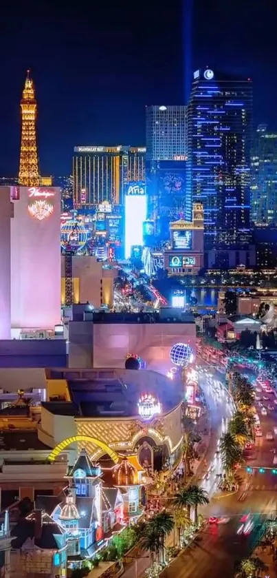 Vibrant night cityscape with neon lights and skyscrapers for mobile wallpaper.