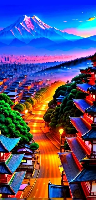 Vibrant cityscape with mountain and colorful architecture.
