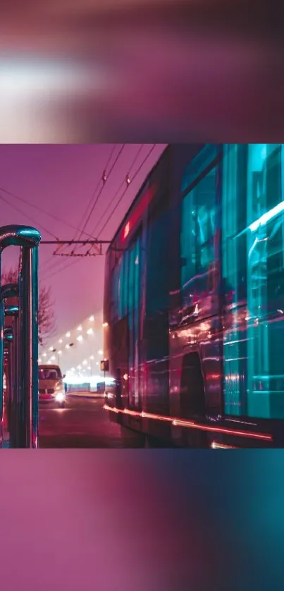 A vibrant urban night scene with neon lights and a moving bus.