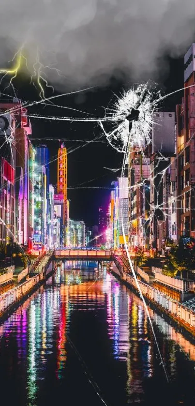 Neon-lit cityscape under a stormy sky with lightning reflecting on water.