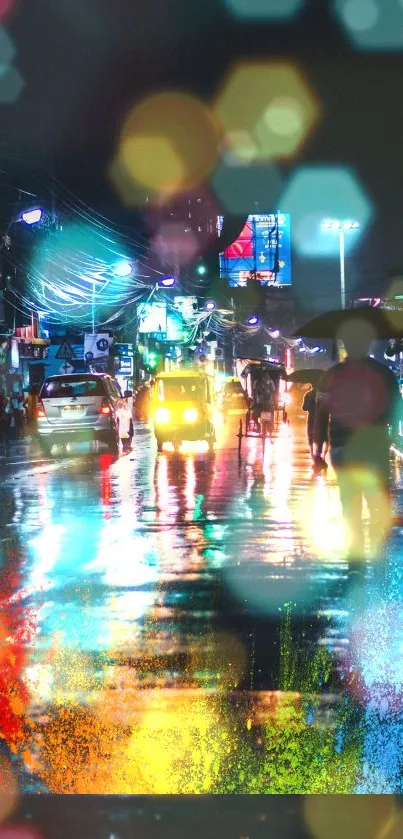 Vibrant night cityscape with neon lights and reflections.