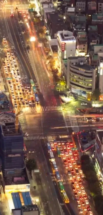 A vibrant city at night with busy traffic and illuminated skyscrapers.