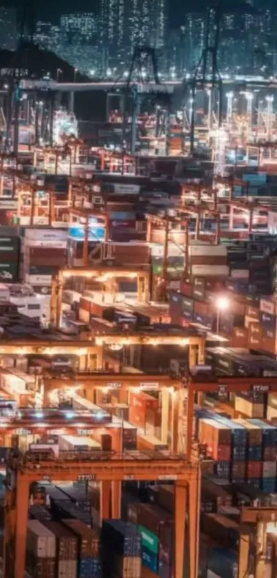 Vibrant cityscape at night with illuminated containers and urban lights.