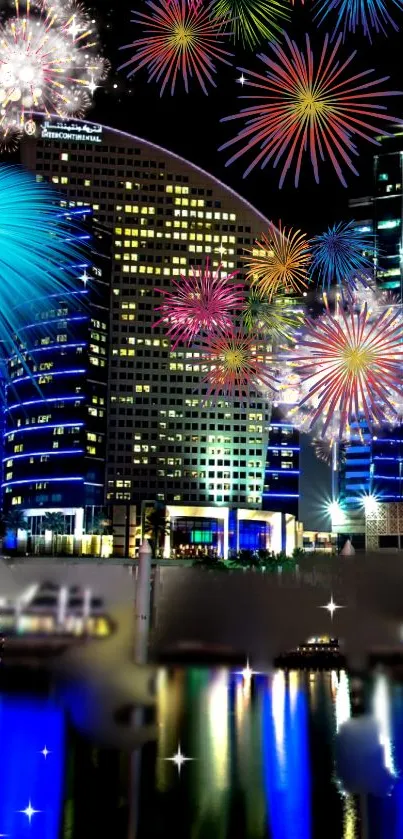 Vibrant cityscape with colorful reflections and glowing skyscrapers at night.