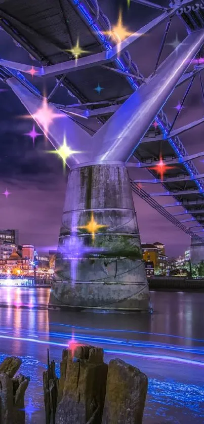 Vibrant cityscape at night with illuminated bridge and purple sky.