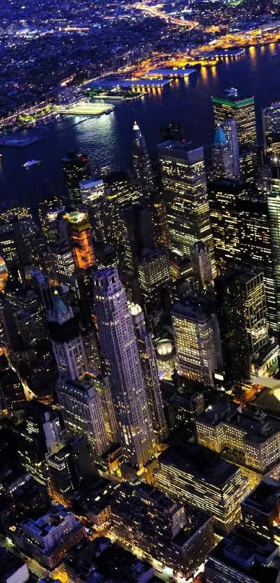 A vibrant night cityscape with illuminated skyscrapers and bustling city lights.