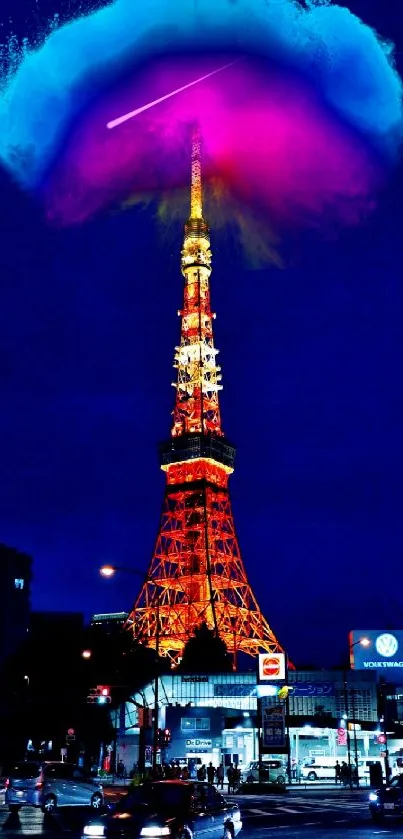 Vibrant city tower with neon colors illuminating the night sky.