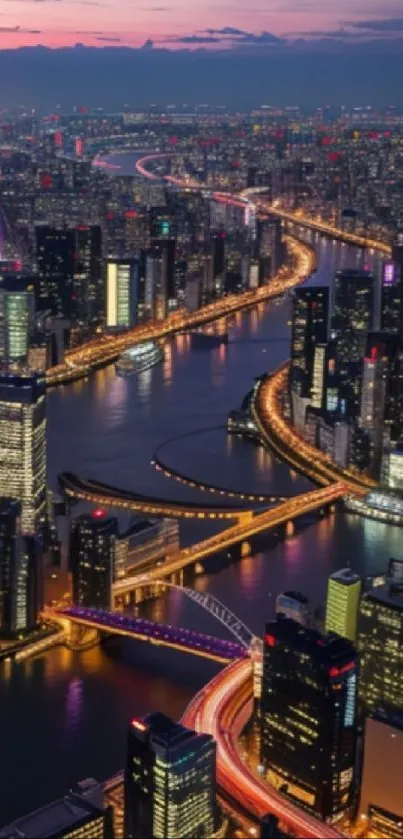 Cityscape wallpaper with skyscrapers and vibrant lights at night.