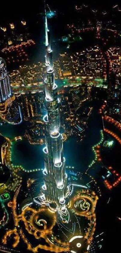 Stunning aerial view of a vibrant cityscape with illuminated skyscrapers at night.