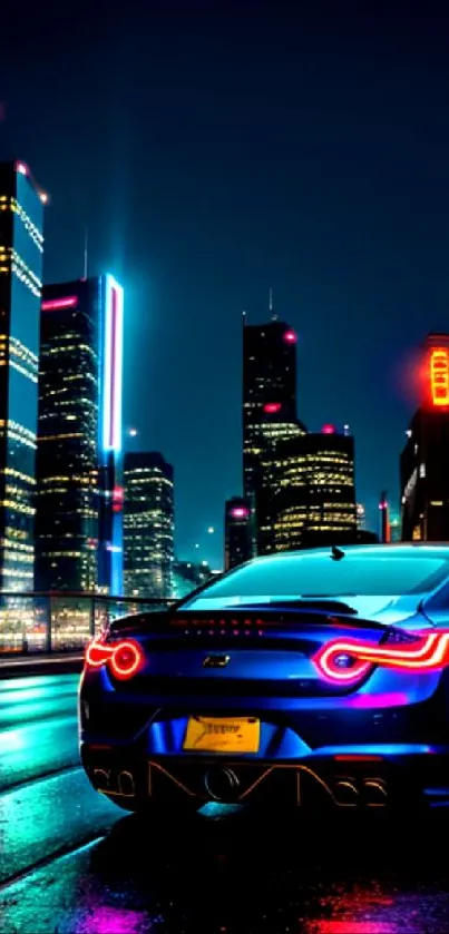 Sleek car under neon lights in a vibrant cityscape.