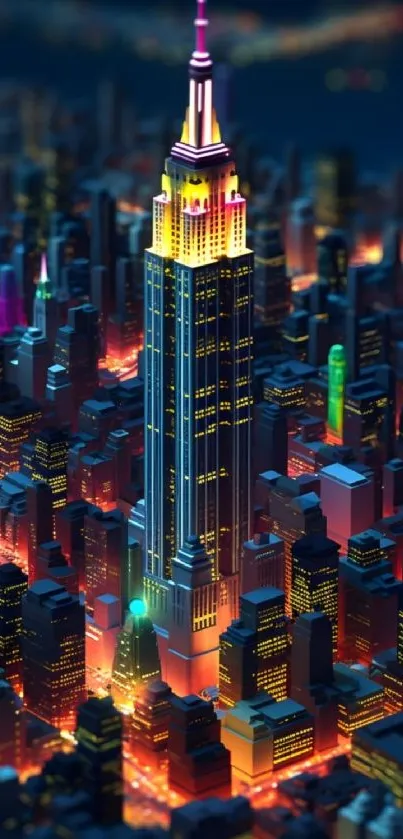 Colorful skyscraper cityscape at night with vibrant lights.