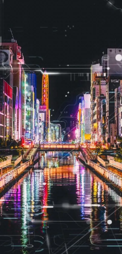 Vibrant cityscape at night with colorful neon reflections.