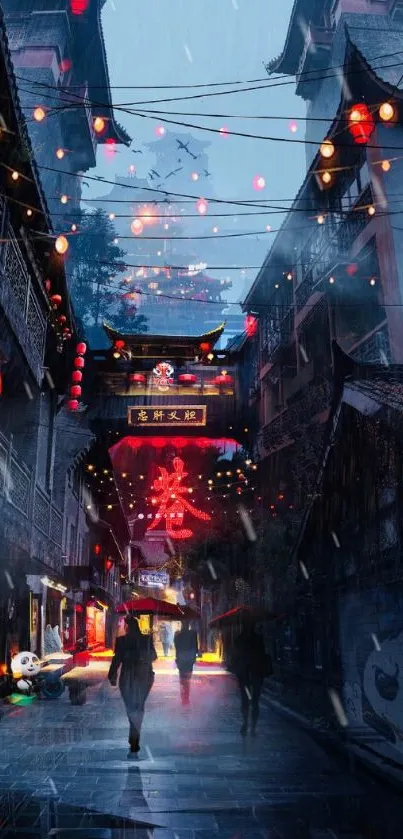 Vibrant cityscape at night with glowing lanterns and ancient street.