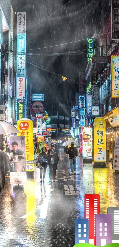 Vibrant urban night scene with neon lights and bustling street.