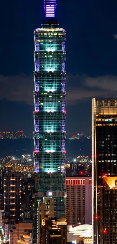 Vibrant cityscape at night with illuminated high-rise buildings against a dark sky.