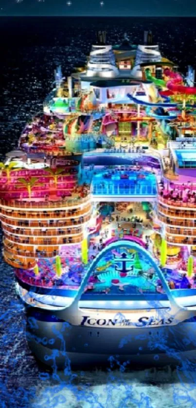 Colorful cruise ship at night on ocean.