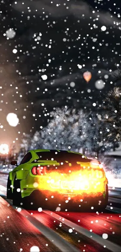 Neon green car drives through snowy night scene, vibrant and captivating.