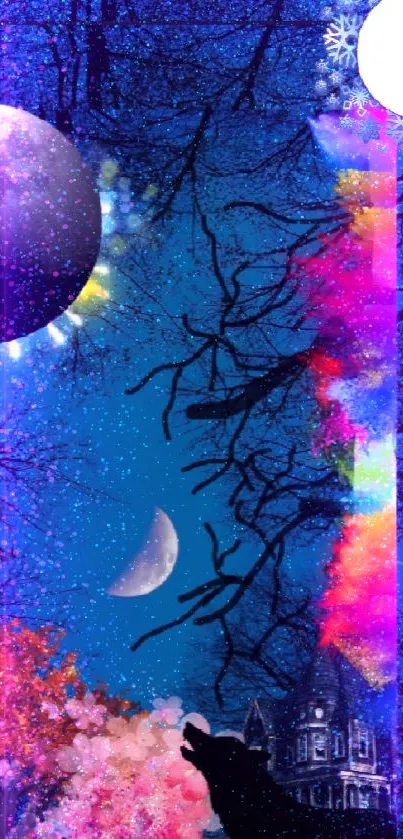Vibrant night fantasy wallpaper with moons and colorful clouds.