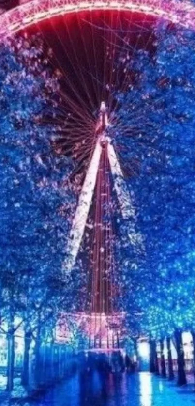 Dazzling blue-lit Ferris wheel at night with pink hues in the background.