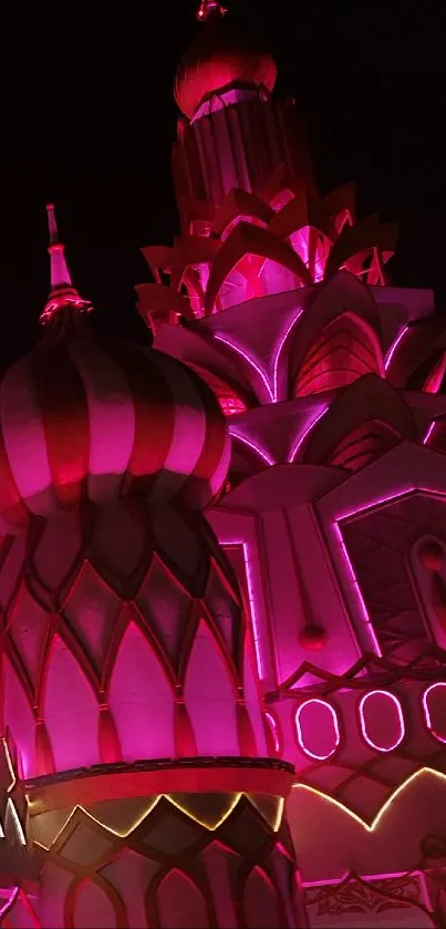 Illuminated festival domes in vibrant magenta under night sky.