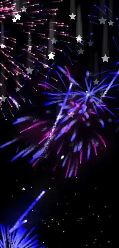 Colorful fireworks burst in a night sky.