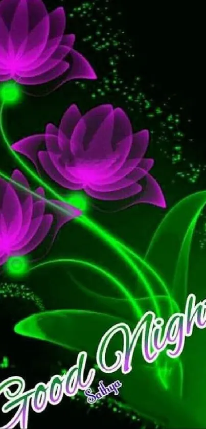 Luminous purple flowers on a glowing green background with 'Good Night' text.