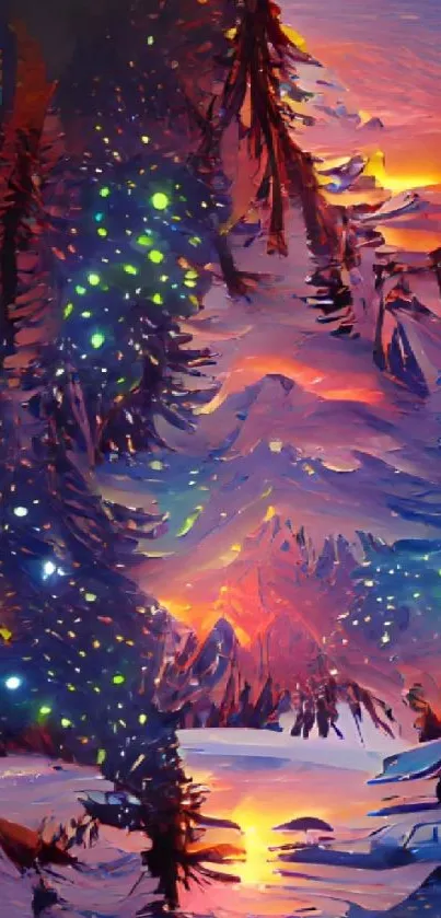 Vibrant abstract forest with colorful night sky.