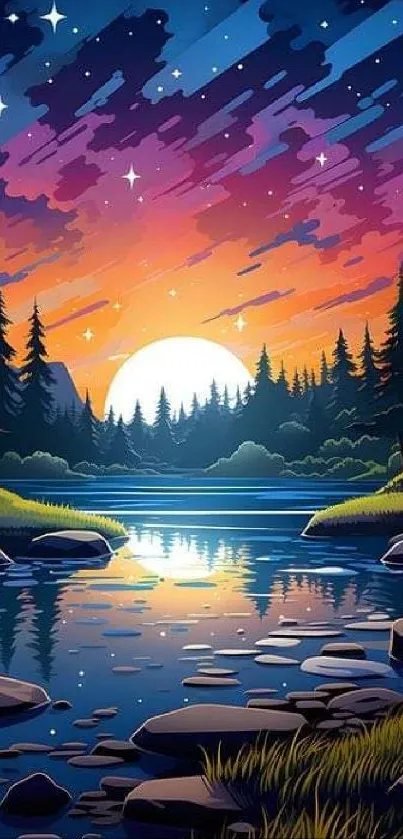 Vibrant forest night wallpaper with river, sunset, and starry sky.