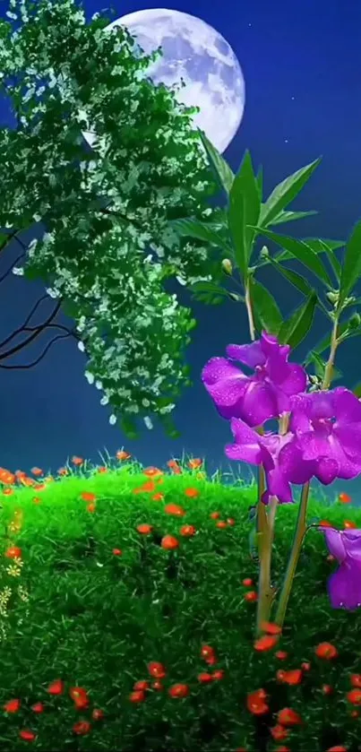 Moonlit garden scene with colorful flowers and greenery.