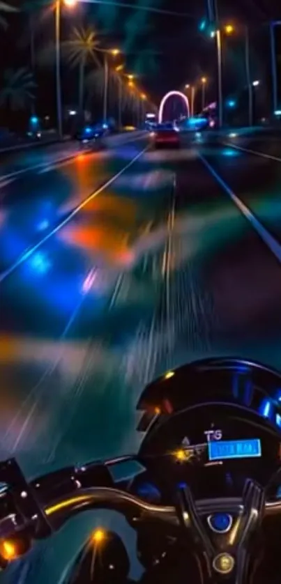 Vibrant night highway ride with glowing city lights.