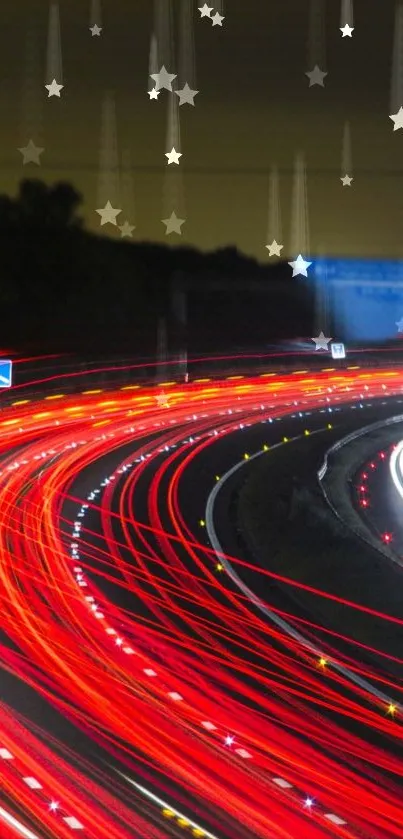 Vibrant night highway with red light trails and starry sky.