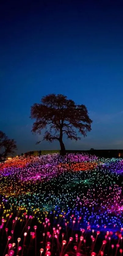 Vibrant night landscape with colorful lights and deep blue sky.