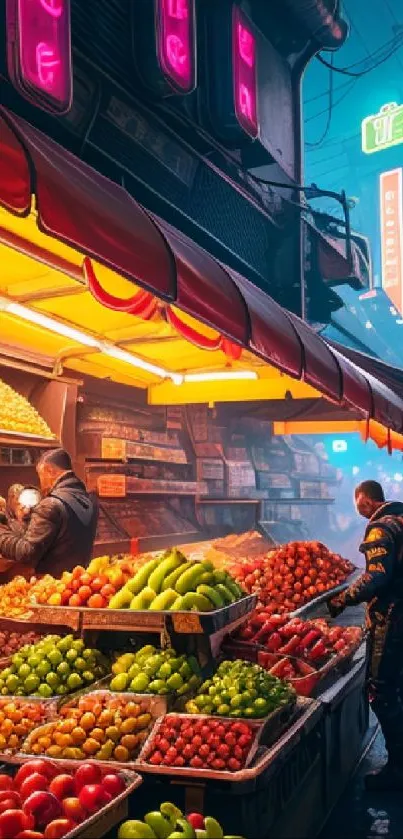 Vibrant night market with neon lights and fresh colorful fruits.