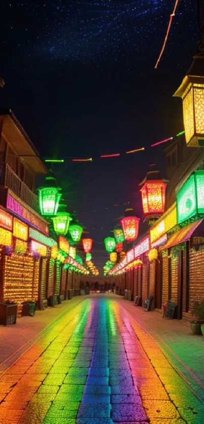 Colorful night market with glowing lanterns.