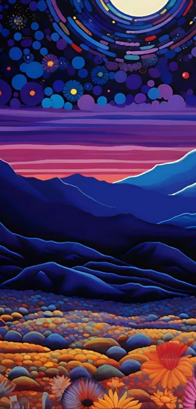 Vibrant night mountain landscape with colorful sky and wildflowers.
