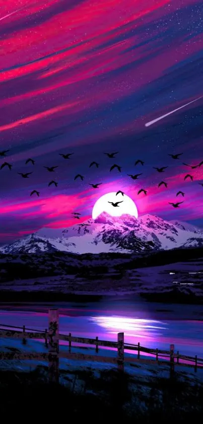 Vibrant pink sunset behind mountain reflecting on serene lake.
