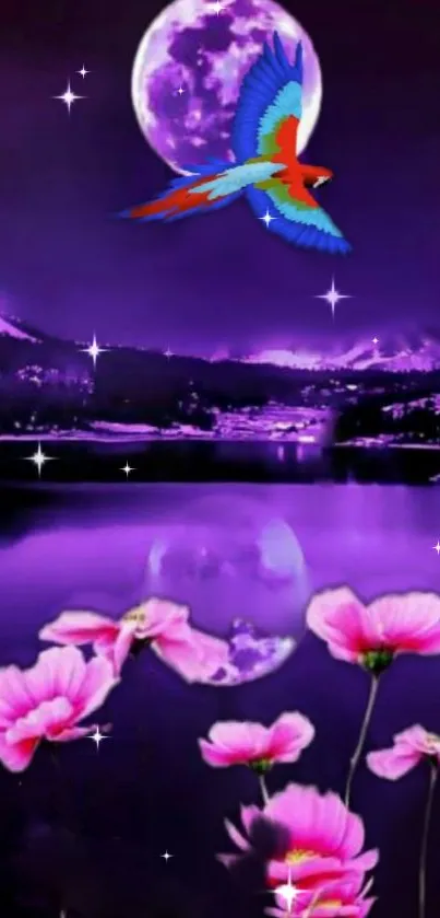 A vibrant night scene with a purple mountain, parrot, and pink flowers.